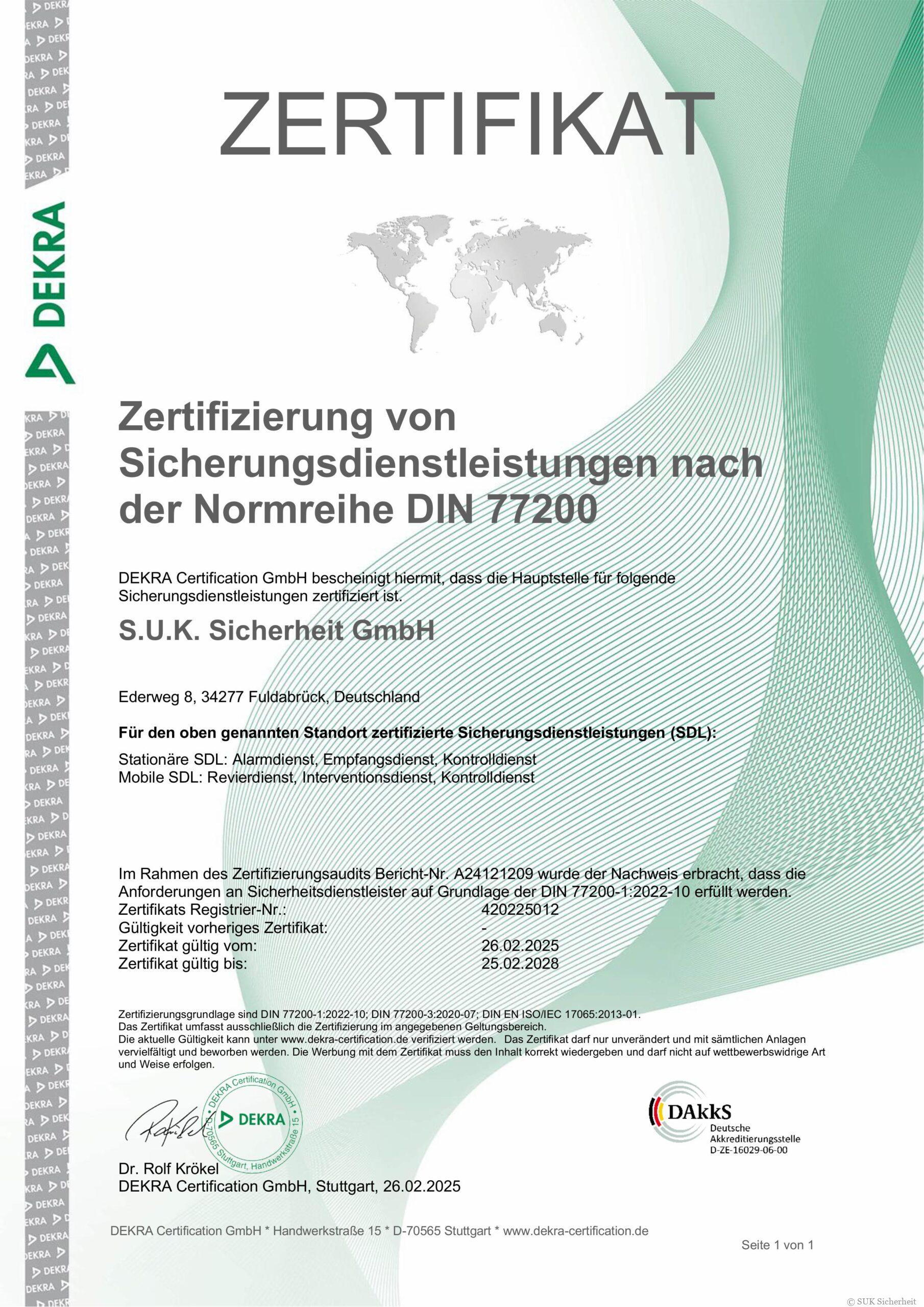 DIN 77200 Zertifikat S.U.K. Sicherheit GmbH