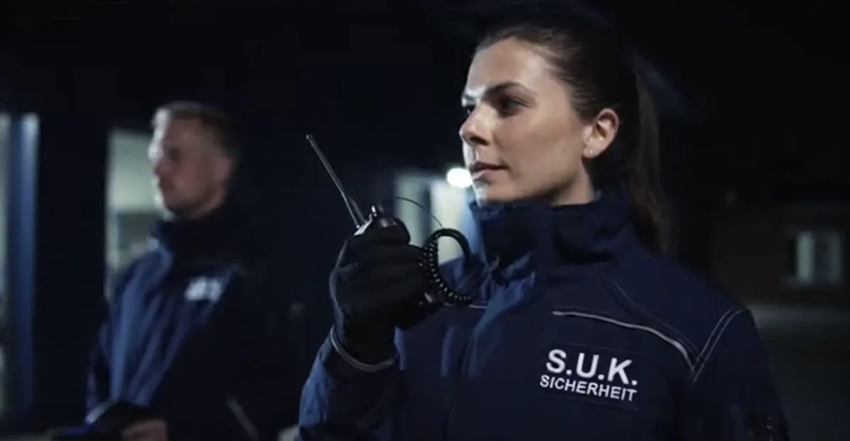 Sicherheitsmitarbeiterin von S.U.K. Sicherheit im nächtlichen Kontrollgang